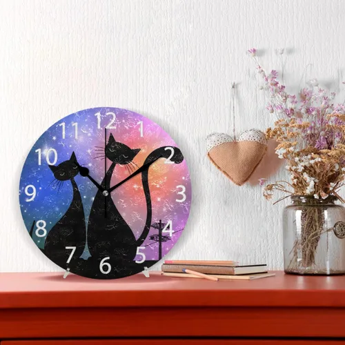 Vista 2 de senya Reloj de pared redondo con diseño de gatos mágicos, pintura al óleo silenciosa que no hace tictac, decorativo para el hogar, oficina, escuela
