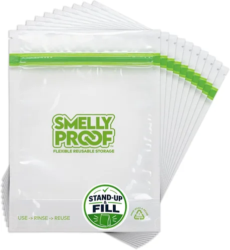 Vista 9 de Smelly Proof 50 bolsas reutilizables de almacenamiento de alimentos expandibles de pie y relleno, fabricadas en Estados Unidos, sin PEVA ni BPA