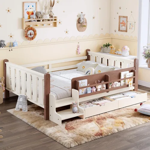 Vista 21 de Cama Montessori de tamaño matrimonial con estantería, cajones de Natural