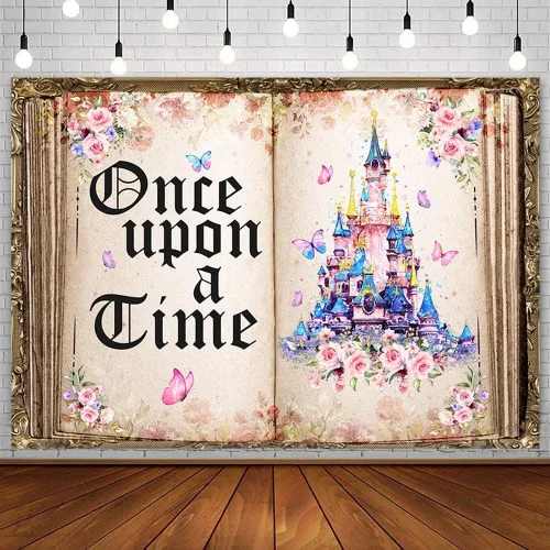 Vista 8 de AIBIIN Fondo de 7 x 5 pies Once Upon a Time para libros de cuentos de hadas, castillo, rosa, floral, princesa, historia romántica, libro de apertura