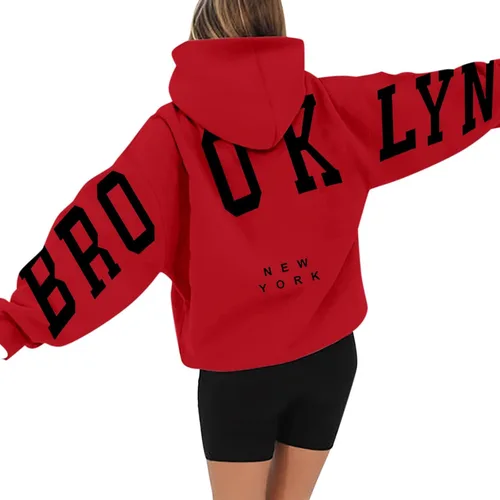 Vista 3 de Sudaderas con capucha de gran tamaño con estampado de Brooklynia para mujer, moda de otoño 2023, cuello redondo, casual, trajes de moda 2023