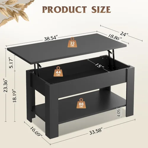 Vista 3 de WLIVE Mesa de Centro, Mesa de Centro de 39" con Tapa Elevable con Compartimento Oculto, Estante de Almacenamiento y Tapa Elevable para Hogar, Sala