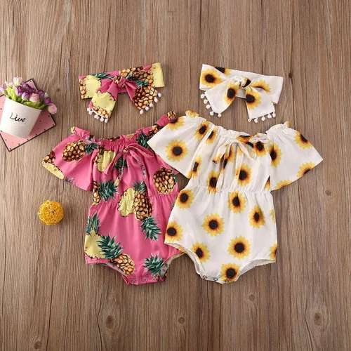Vista 7 de Bebé Niña Ropa De Hombro Fuera De Girasol De La Piña De Impresión Mameluco Mono De Borla Diadema De Sunsuit Conjunto