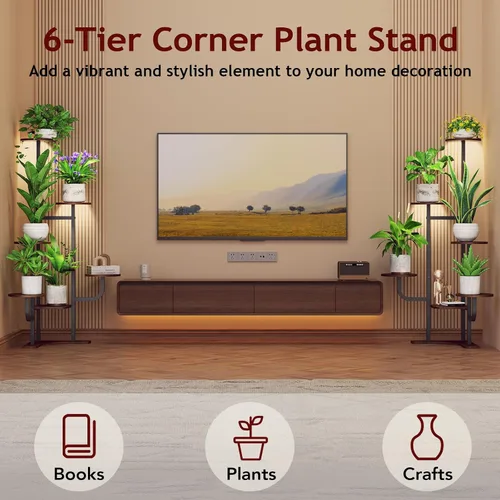 Vista 4 de Homsorout Soporte de esquina para plantas con luz de crecimiento, soporte para plantas de 6 niveles, estante redondo de metal para plantas con luz