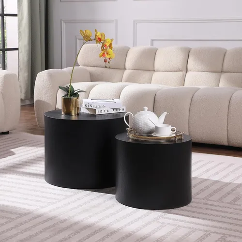 Vista 15 de Juego de 2 mesas de centro anidadas, modernas mesas de centro redondas de madera, mesa auxiliar decorativa para espacios pequeños, sala de estar