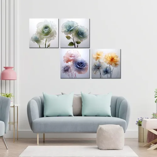 Vista 2 de Wall HDQ Arte de pared de flores para baño, dormitorio, sala de estar, decoración de pared azul y naranja, pintura floral, lienzo impreso, imagen