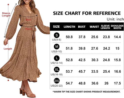 Vista 6 de PRETTYGARDEN - Vestido largo para mujer, de manga larga, cuello en V, estampado de leopardo, volantes, lazo en la cintura, estilo bohemio, de gasa