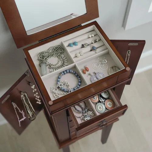 Vista 4 de Hives and Honey Kennedy Jewelry Armoire - Moderno organizador de almacenamiento de madera con ganchos para collares, 5 cajones y espejo de tocador