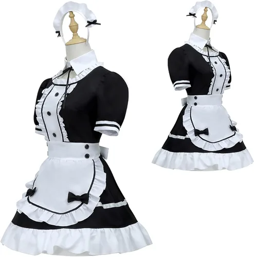 Vista 2 de Disfraz de sirvienta francesa de anime, disfraz de sirvienta, delantal, vestido de delantal, calcetines y guantes