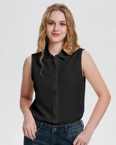 Vista 5 de YAMANMAN Camisas sin mangas con botones para mujer, blusa clásica con cuello en V