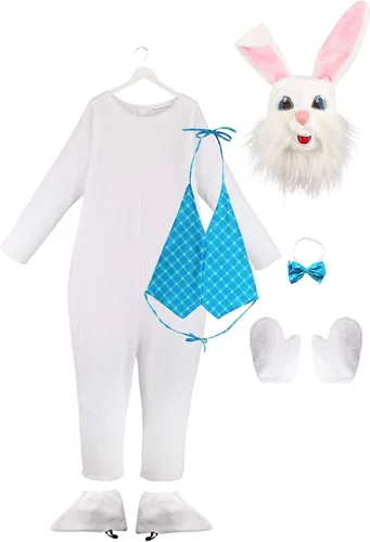 Vista 4 de Disfraz de conejo de Pascua para adultos grandes y altos, traje de mascota de conejo de 6 piezas, máscara, chaleco, pajarita, fundas para zapatos