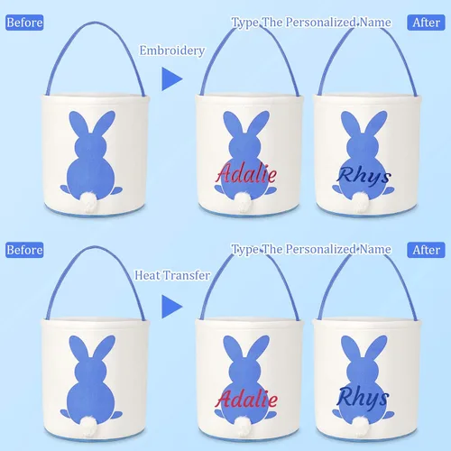 Vista 5 de Cesta de lona de Pascua personalizada con asa, cubo de huevo y conejo, color azul