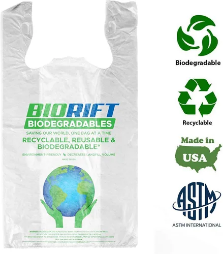 Vista 2 de BioRift Bolsas de comestibles para camisetas – 100% biodegradables y ecológicas – Bolsas de basura pequeñas reutilizables para supermercado – Asas