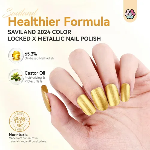 Vista 2 de SAVILAND Esmalte de uñas metálico dorado: esmalte de uñas espejo dorado de secado rápido, esmalte de uñas cromado regular, fácil de usar y quitar