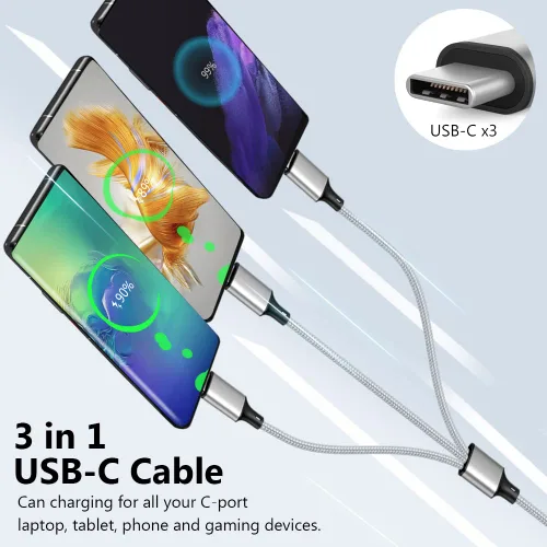 Vista 3 de Puxnoin Cable de carga múltiple, cable divisor USB C, cable de carga rápida 3 en 1 con 3 puertos macho tipo C compatible con teléfonos celulares