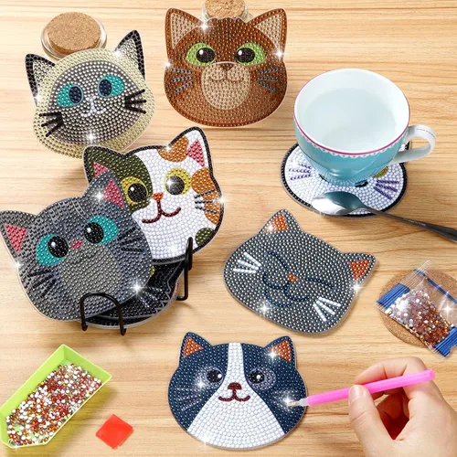 Vista 4 de Insnug Juego de 10 posavasos de pintura de diamantes, con temática de gato, kits de pintura para niños y adultos, puntos, artes y manualidades, kits