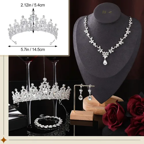 Vista 2 de Yaomiao Juego de 4 piezas de joyería de disfraz para mujer, juego de joyería nupcial para boda, corona de diamantes de imitación, corona de reina