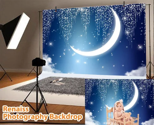 Vista 2 de Renaiss Twinkle Twinkle - Telón de fondo de estrella pequeña para sesión de fotos, 5 x 4 pies, media luna brillante, cielo nocturno, fondo