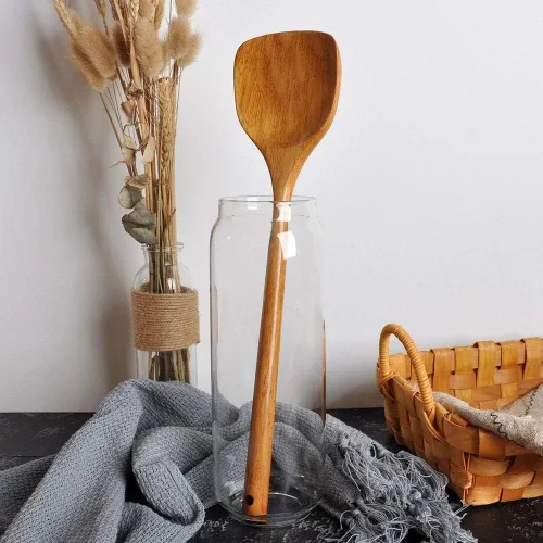 Vista 3 de Espátula antiadherente de madera larga, herramientas antiadherentes para sartén de mano Wok, utensilios de cocina (A)
