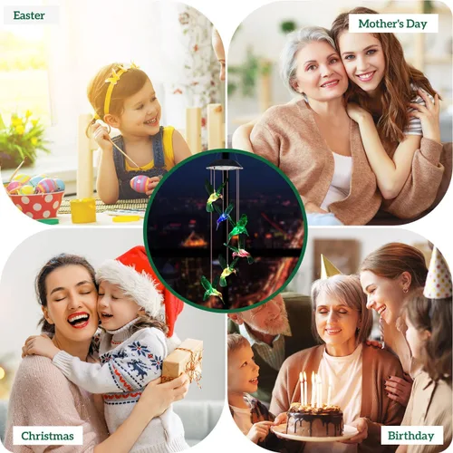 Vista 5 de Regalos para mujeres, campanillas de viento solares de colibrí (7 colores cambiantes), regalos de colibrí para mamá/abuela/esposa/padres/amigos
