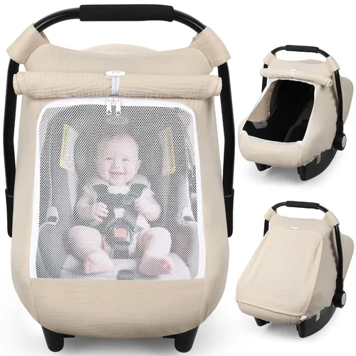 Vista 12 de Rquite Funda de asiento de automóvil para bebé, niña, niño, 100% muselina de algodón, toldo transpirable a prueba de viento con ventana de malla