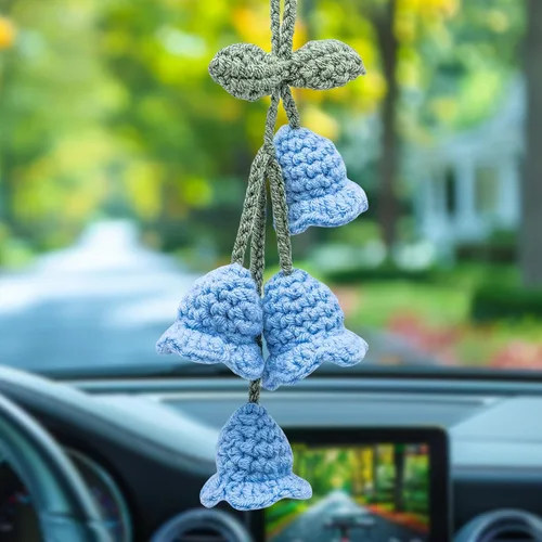 Vista 2 de Accesorios para colgar espejos de automóvil, colgante de flor de lirio tejido hecho a mano, bonita decoración colgante de ganchillo para espejo
