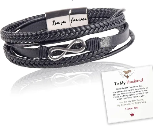 Vista 33 de Pulsera de cuero trenzado con texto en inglés «Love You Forever» para hombres y niños, pulsera inspiradora de acero inoxidable, pulsera de cuero