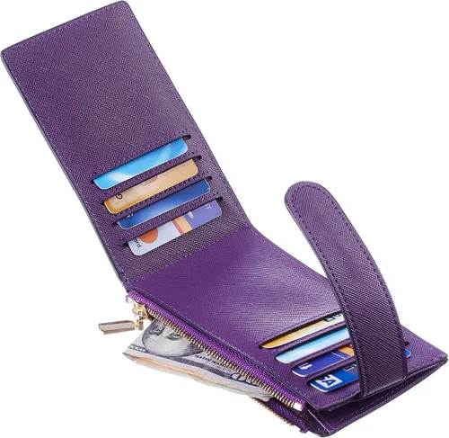 Vista 7 de Chelmon Billetera delgada con bloqueo RFID para mujer con bolsillo con cremallera púrpura profundo Minimalista