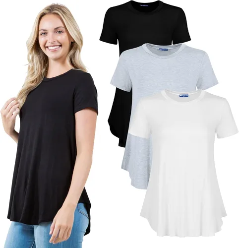 Vista 14 de Azules Blusa larga de manga corta para mujer, con cuello redondo y dobladillo curvado, suave y elástica