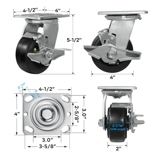 Vista 2 de Ruedas resistentes de 4 pulgadas, ruedas industriales de placa con rueda de goma, utilizadas para carrito de herramientas, plataforma, camión