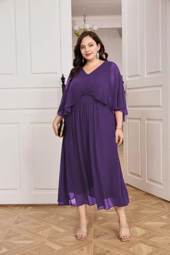 Vista 3 de Hanna Nikole Vestido de fiesta de noche de gasa con cuello en V para mujer, talla grande, manga capa, maxi vestidos para invitados de boda