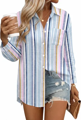 Vista 10 de HOTOUCH Camisas de manga larga con botones para mujer, blusas de lino y algodón, casuales, con cuello holgado, de gasa con bolsillo