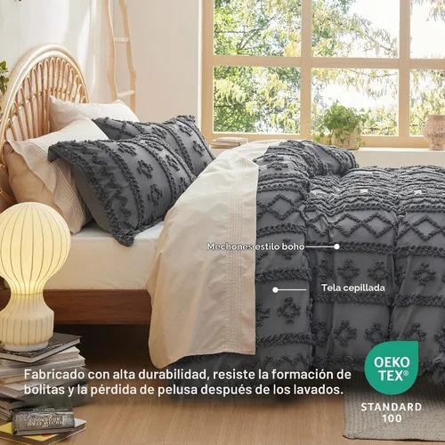 Vista 4 de Bedsure Funda de edredón bohemia tamaño Queen, bordado copetudo, 3 piezas, gris oscuro 15 - Gris oscuro - Elegante (sin edredón)