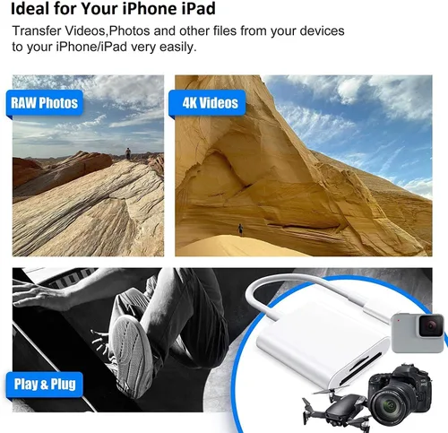Vista 2 de Lector de Tarjetas SD para iPhone iPad, Cable Adaptador de Tarjeta SD/Micro SD Certificado MFi de Apple con Ranuras Duales para Cámaras SLR, Visor