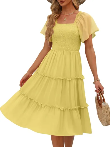 Vista 15 de LILLUSORY Vestido midi fruncido con cuello cuadrado y mangas con vuelo Negro