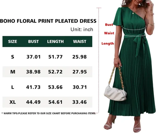 Vista 6 de MASCOMODA Vestido largo plisado de un hombro para mujer, vestido largo de verano floral bohemio de manga corta con lazo en la cintura y línea A