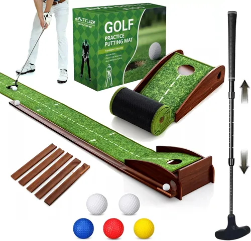 Vista 8 de Alfombrilla de golf para interiores con putter y 5 bolas, juego de devolución automática de bolas, terciopelo mate para el hogar, oficina, patio
