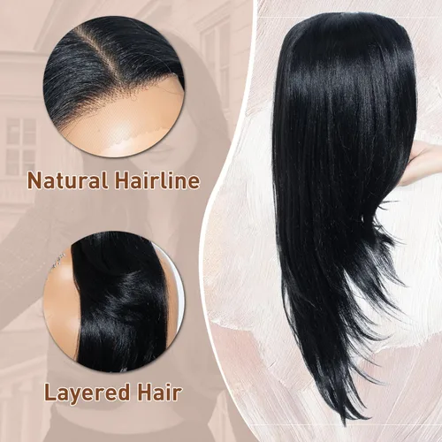 Vista 6 de Pelucas de encaje frontal de 13 x 4 pulgadas de largo, lacio, para mujeres negras, pelucas de encaje frontal con cabello de bebé, línea capilar