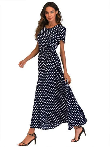 Vista 4 de HGOOGY - Maxi vestidos bohemios para mujer 2023, vestido de lunares fluido, fruncido, talla grande, modesto, largo, ajustado, vestido acampanado