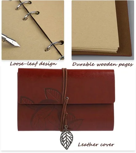 Vista 2 de Zopsc Cuaderno de cuero retro con pluma estilográfica con tinta de bolígrafo, juego de bolígrafo de caligrafía, cuaderno de cuero para regalo (rojo)