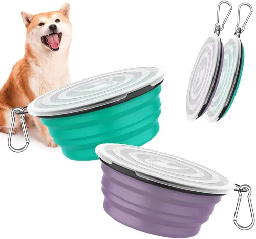 Vista 12 de Pawaboo Cuencos plegables 2 en 1 para perros, cuencos dobles para comida y agua, cuenco de silicona portátil de 180° con gancho de metal, comedero