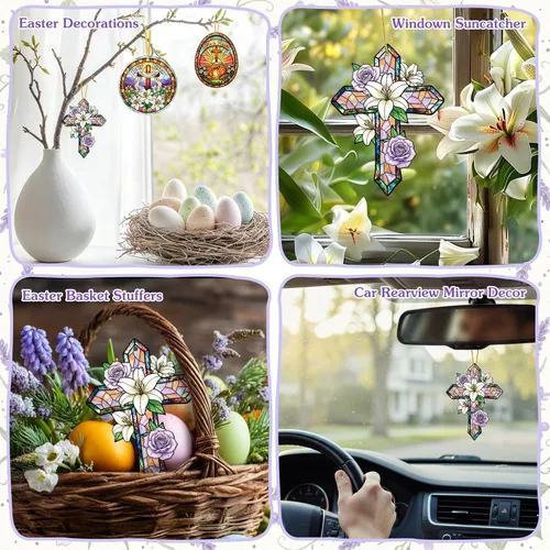 Vista 2 de WaaHome Adorno de cruz de Pascua para decoración de árbol, flor morada, decoración de Pascua, regalos religiosos para mujeres, hombres, niños