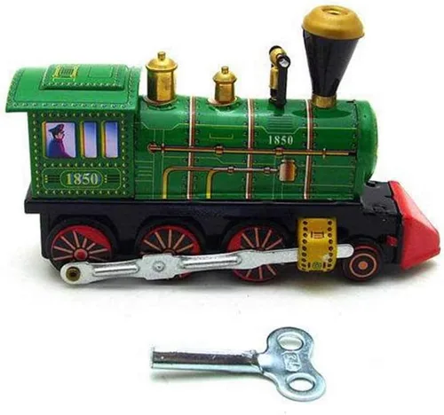 Vista 4 de Charmgle Juguete retro de cuerda para arriba, decoración del hogar, colección para adultos, juguete clásico de tren verde, juguete de primavera