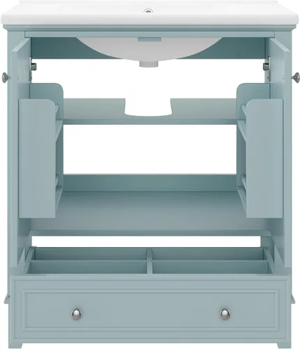 Vista 9 de Combinación de tocador de baño de 30 pulgadas con lavabo, armario de baño multifuncional con puertas y cajón, marco sólido y tablero de MDF