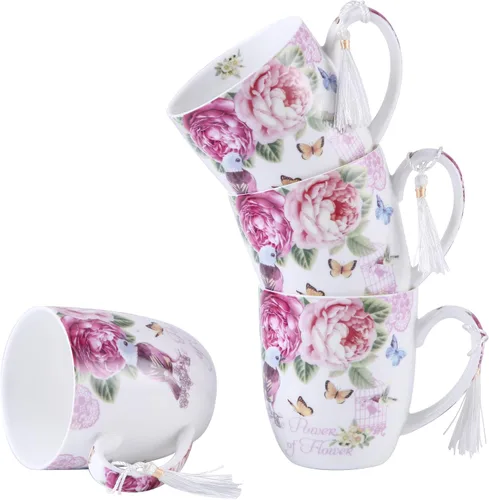 Vista 9 de London Boutique Juego de tazas de café de té, 4 porcelana, pájaro, rosa, mariposa, diseño Shabby Chic en caja de regalo, 11 oz
