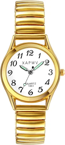 Vista 15 de JewelryWe Reloj de lectura fácil ultrafino para mujer con correa elástica de tono dorado/plateado