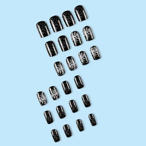 Vista 3 de Uñas postizas a presión con copos de nieve, uñas postizas cuadradas cortas de Navidad, uñas acrílicas negras con purpurina, kit de uñas postizas