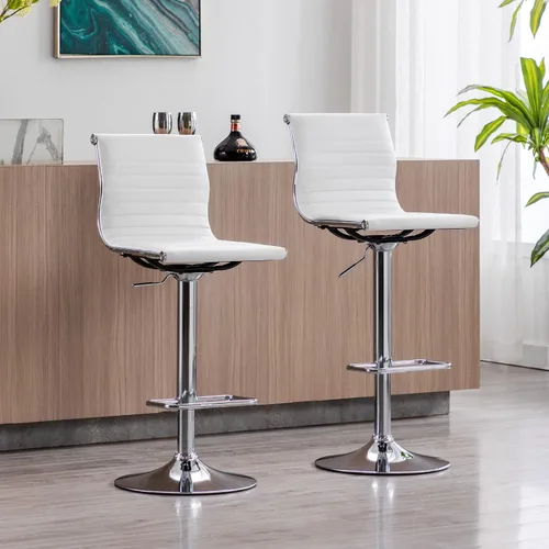 Vista 3 de LZAREAL Juego de 2 taburetes de bar de metal con altura ajustable, diseño moderno de piel sintética blanca sin brazos con base cromada para isla