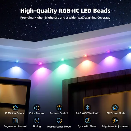 Vista 2 de Luces permanentes para exteriores para casa, IP67 impermeable con 60 luces RGB + IC, luces inteligentes de Navidad de 99.8 pies para exteriores