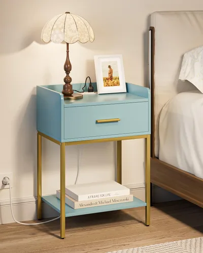 Vista 12 de Mesita de noche, mesita de noche moderna de 3 niveles, mesita de noche con cajón de almacenamiento y estante, mesa auxiliar pequeña para dormitorio
